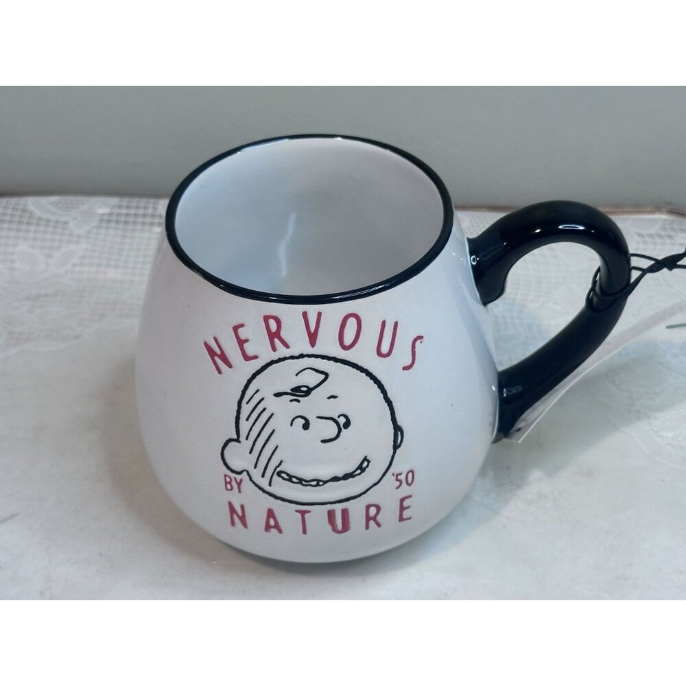 Peanuts 75th Anniversary "Nervous By Nature" Ceramic Mug 20 Oz Black & White - Picture 1 of 6